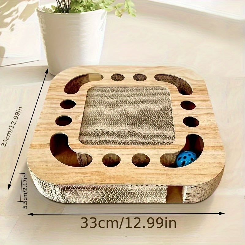Interactive Cat Scratcher Toy with Ball Track, Square Corrugated Cardboard Multi-Level Platform Scratch Pad, Play Lounge for Indoor Cats and Kittens, Cat Scratching Board with Spinner