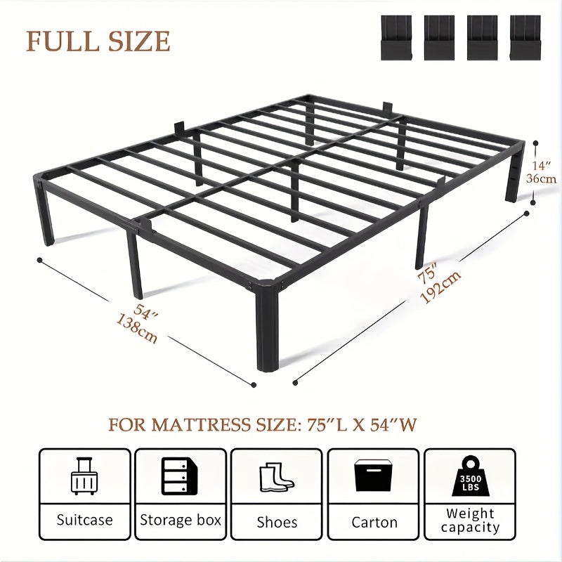 14-Inch Heavy-Duty Metal Bed Frame 3500 LBS Black Fan-Shaped Legs 4 Mattress Limiters No Box Spring No Noise Large Under-Bed Storage – Twin Full Queen King