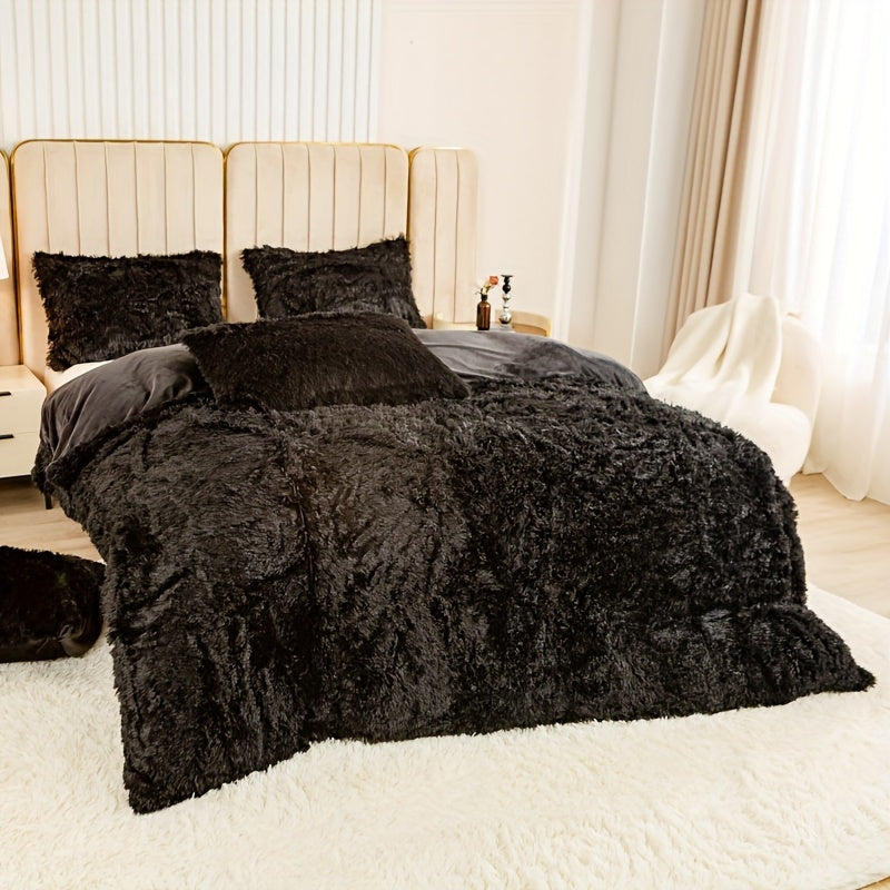 Plush Duvet Cover Set 3 Piece, Long Hair Knitted Polyester, Solid Color Fuzzy Comforter Cover with Zipper Closure, All-Season Soft Cozy Bedding Set for Bedroom, Multiple Colors Available