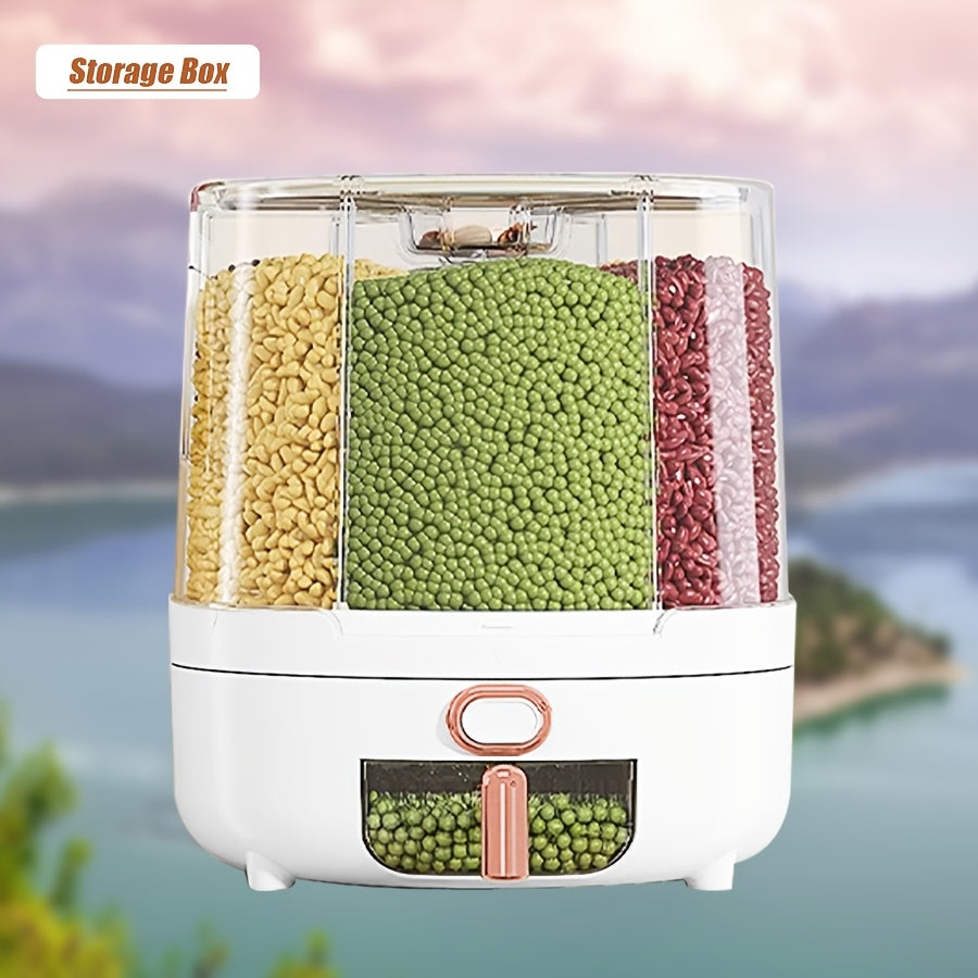 Rotating Cereal Dispenser 6-Grid Large Capacity Airtight Rice Storage Container, Moisture-Proof Insect-Proof Grain Dispenser with Transparent Window & Press Button, Food-Grade PP for Rice, Grains, and Flour