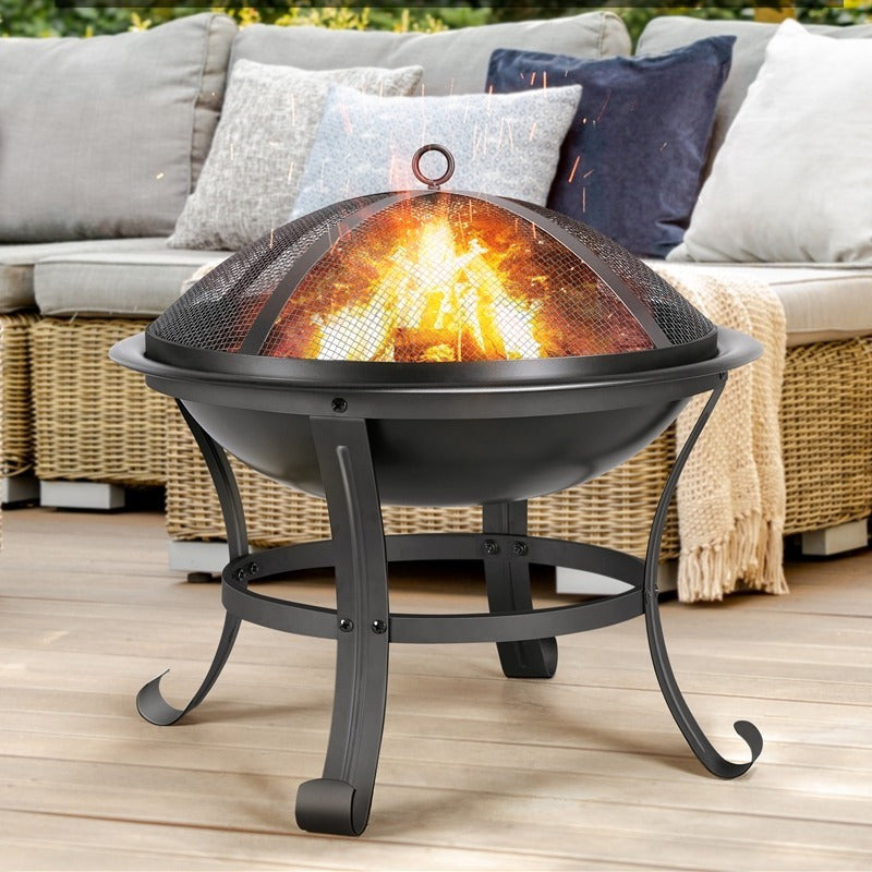 Outdoor Round Steel Fire Pit with Mesh Screen Cover, Fire Poker & Log Grate, Heat-Resistant, Portable, for Patio Yard Porch Camping Bonfire BBQ, Black