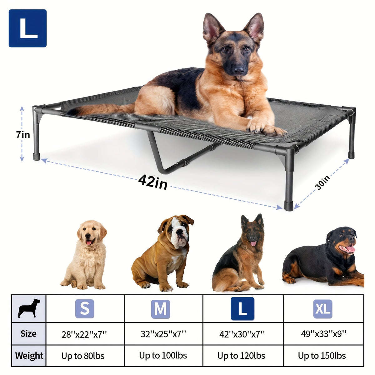 Cooling Elevated Dog Bed & Outdoor Dog Cot - Raised Pet Bed with Washable Breathable Mesh, No-Tool Assembly, Anti-Slip Feet for Large, Medium & Small Dogs, Indoor & Outdoor Use