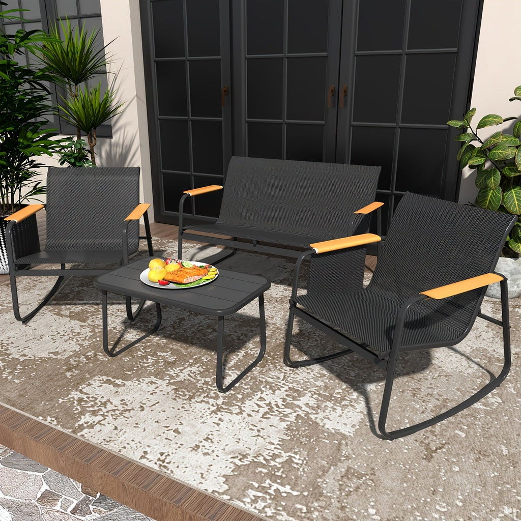 4-Piece Patio Conversation Set with Breathable Textilene Loveseat Rocking Chairs Wide Armrests Storage Pockets & All-Weather Coffee Table for Backyard – Black or Gray