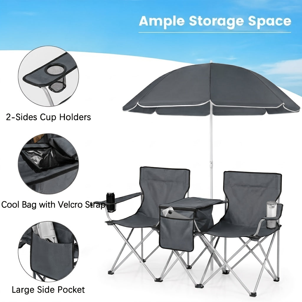 2-Person Camping Chair with Detachable Canopy – Folding Outdoor Loveseat with Cup Holders Cooler Table & Carry Bag for Beach Picnic Fishing BBQ