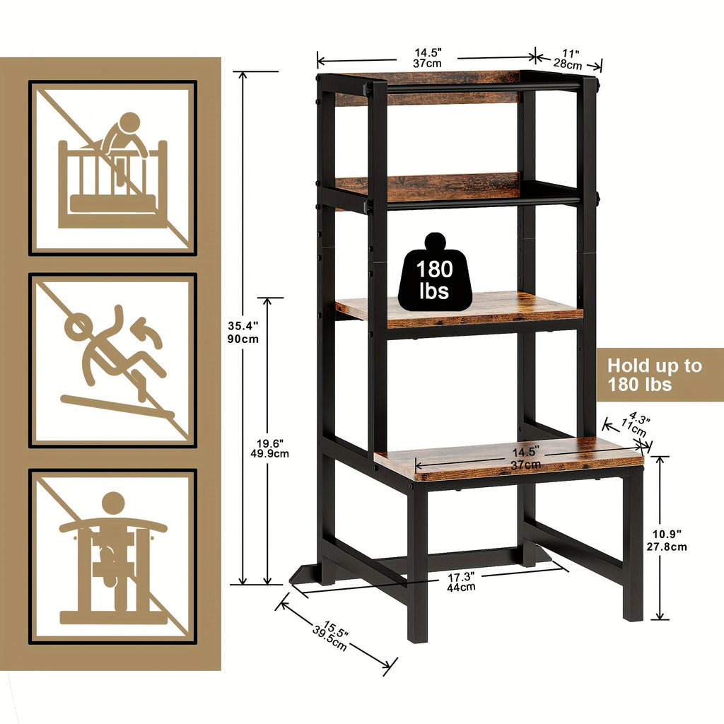 Adjustable Toddler Learning Tower Step Stool with Safety Rail Wooden & Steel Height Adjustable Kitchen Helper for Kids – Brown Black Wood & White