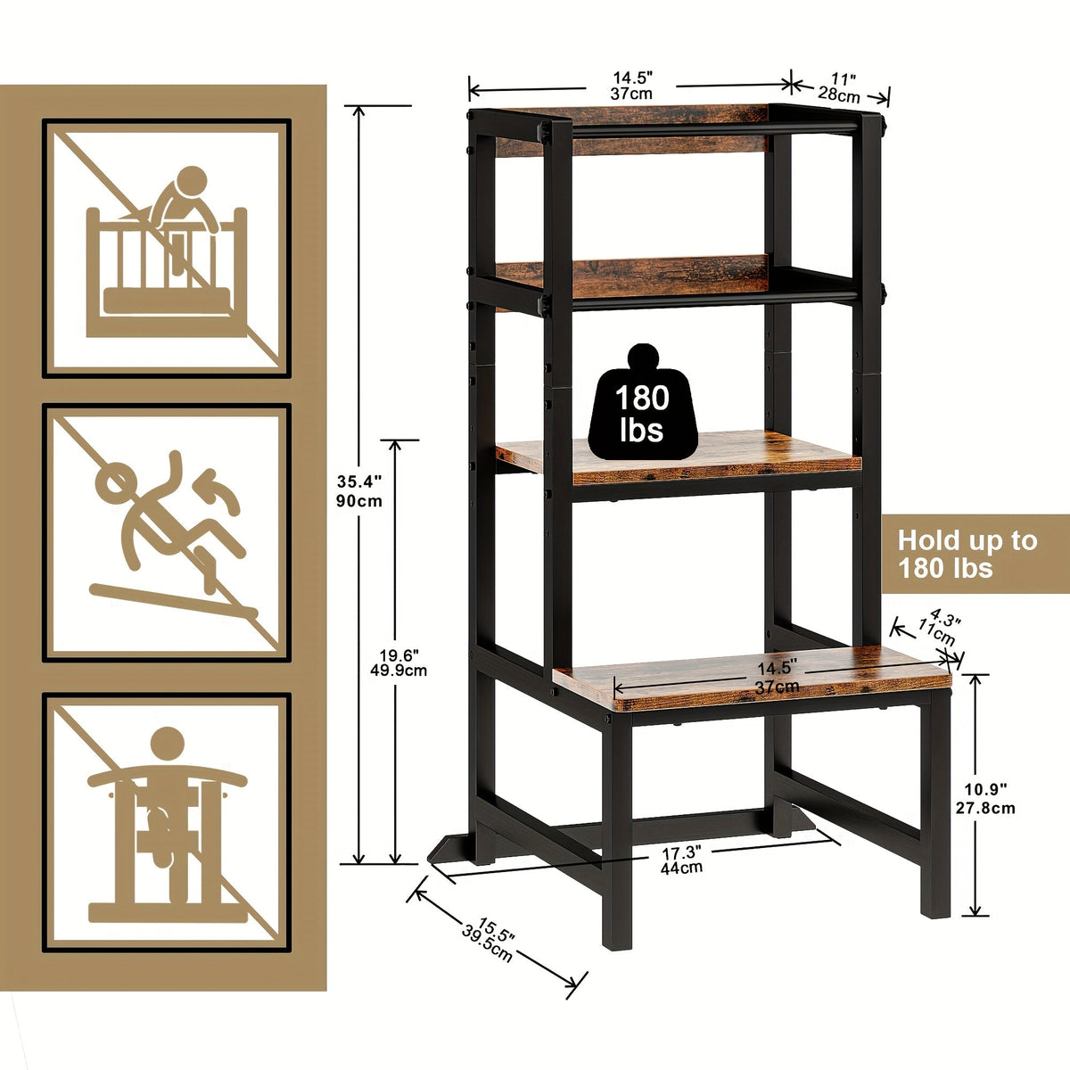 Adjustable Toddler Learning Tower Step Stool with Safety Rail Wooden & Steel Height Adjustable Kitchen Helper for Kids – Brown Black Wood & White