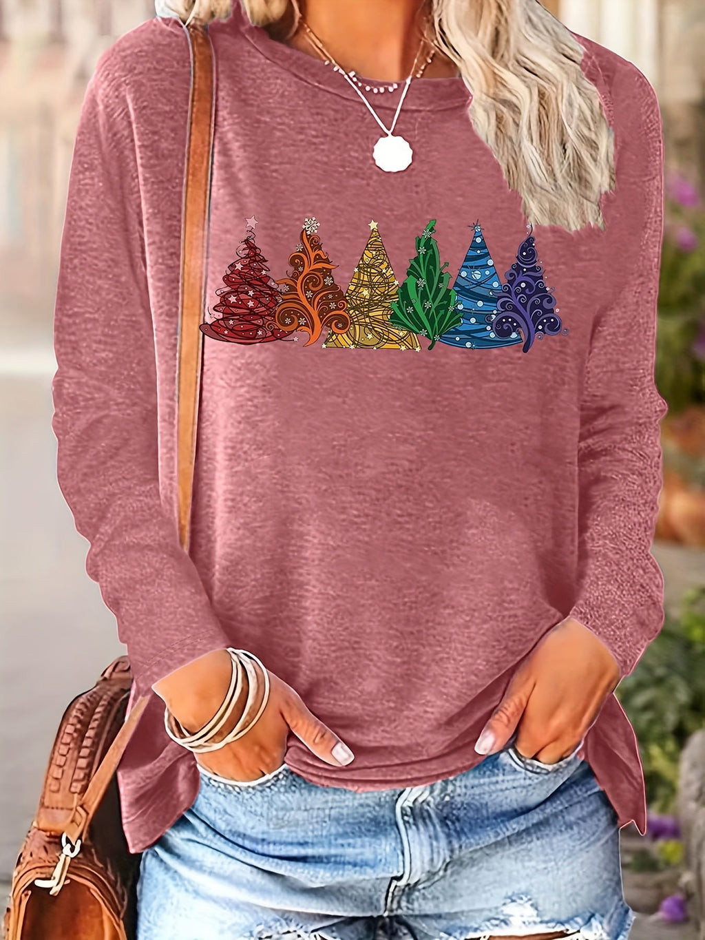 Women's Christmas Tree Print Long Sleeve T-Shirt, Crew Neck, Loose Fit, Casual Holiday Graphic Tee, Soft Stretch Fabric, S-XXL, Machine Washable