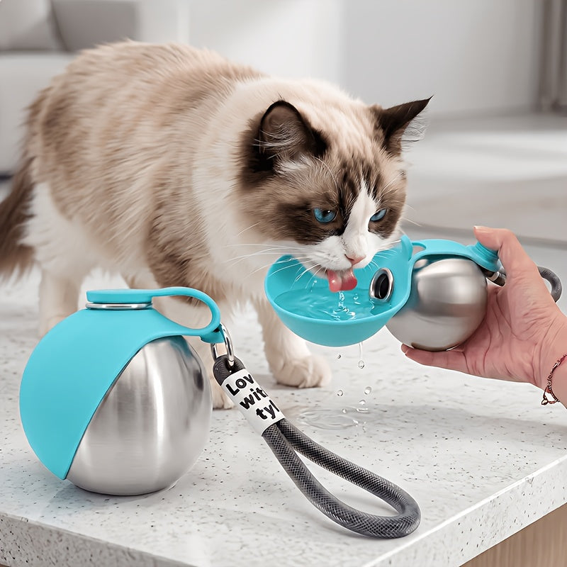 Stainless Steel Pet Travel Water Bottle – 9.6oz Leak-Proof Dog & Cat Drinking Bottle with Foldable Bowl for Outdoor Hiking, Walking, and Camping, 304 Steel, Blue & Pink