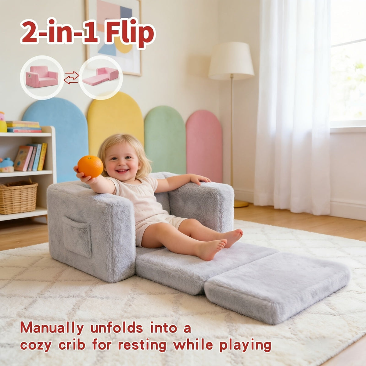 Kids Sofa 2-in-1 Convertible Recliner Chair Velvet Plush Storage Pocket Armrests Folding Lounge Chair for Boys Girls Playroom Bedroom Pink Grey White