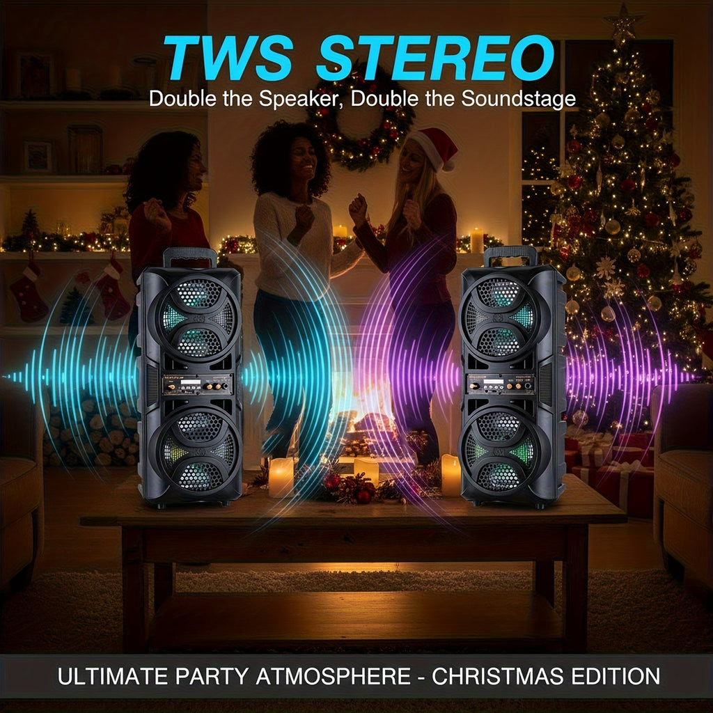 3000W Portable Bluetooth Party Speaker – Dual 6.5'' Subwoofer Stereo Sound, Colorful LED Lights, FM Radio, Microphone Included, TF/USB/AUX Support, Outdoor & Home Party Speaker – Black