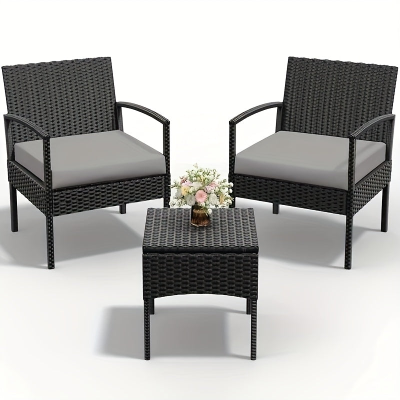 3-Piece Outdoor Patio Wicker Rattan Furniture Set, 2 Bistro Conversation Chairs & Side Table, Weather-Resistant, Ergonomic Design, for Garden, Balcony, Patio, Deck & Yard