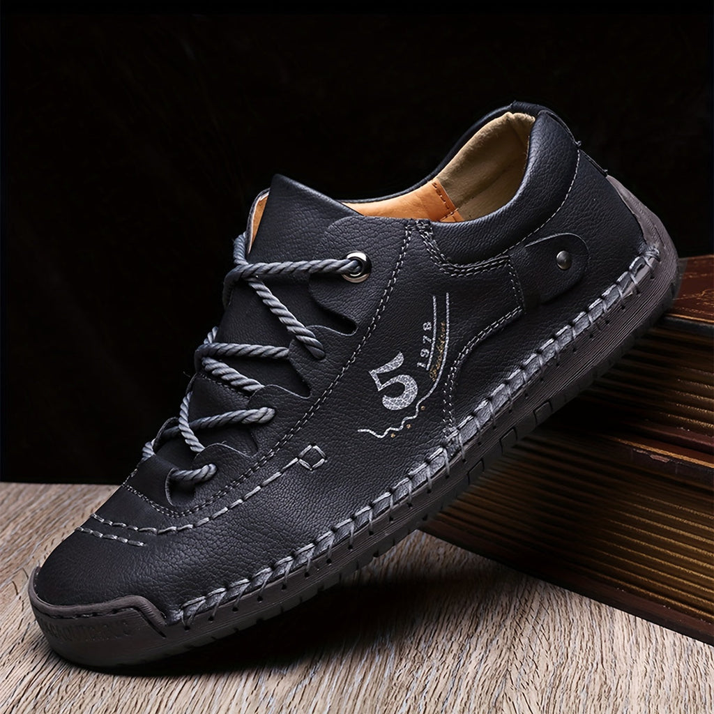 Men's Handmade Stitched Casual Sneakers – Lightweight Flat-Sole Outdoor Walking Shoes in Black, Khaki, Blue, Military Green & Yellowish-Brown, Sizes US 7.5–12.5