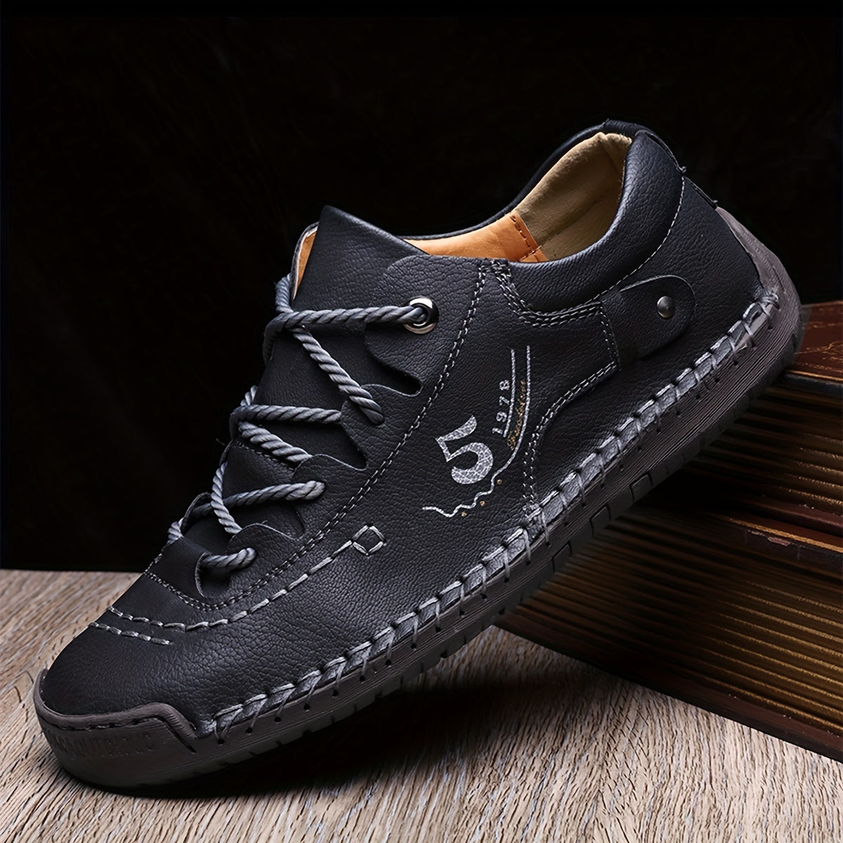 Men's Handmade Stitched Casual Sneakers – Lightweight Flat-Sole Outdoor Walking Shoes in Black, Khaki, Blue, Military Green & Yellowish-Brown, Sizes US 7.5–12.5