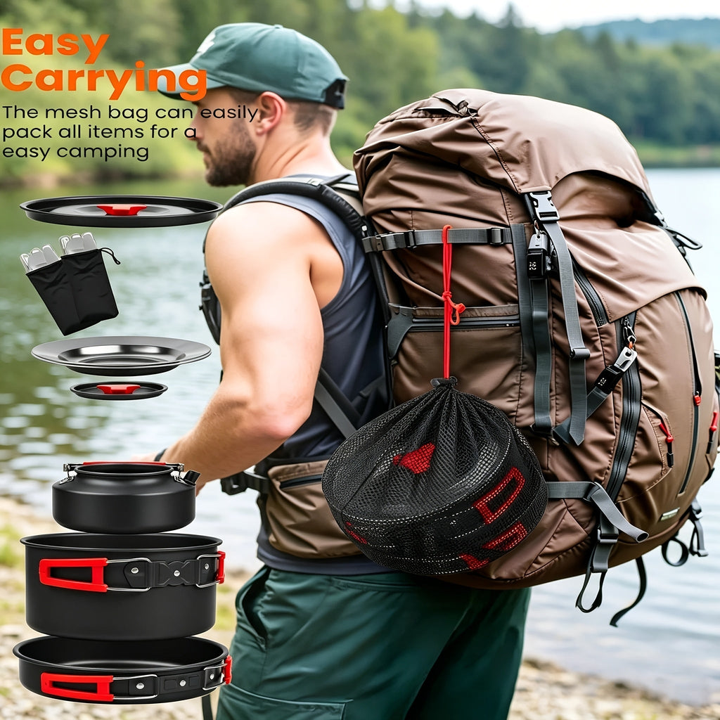 Camping Cookware Mess Kit 8/9/14/15 Piece, Portable Non-Stick Aluminum Alloy Camp Cook Set with Kettle, Pot, Frying Pan, Plates, and Utensils, Lightweight Backpacking Outdoor Cooking Gear for Hiking & Travel