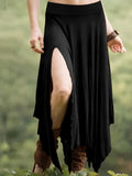 Women's Asymmetrical Hem Skirt - High-Waisted Drawstring Split Midi Skirt, Stretchy Knit 95% Polyester, Casual Vintage Style for Spring/Summer