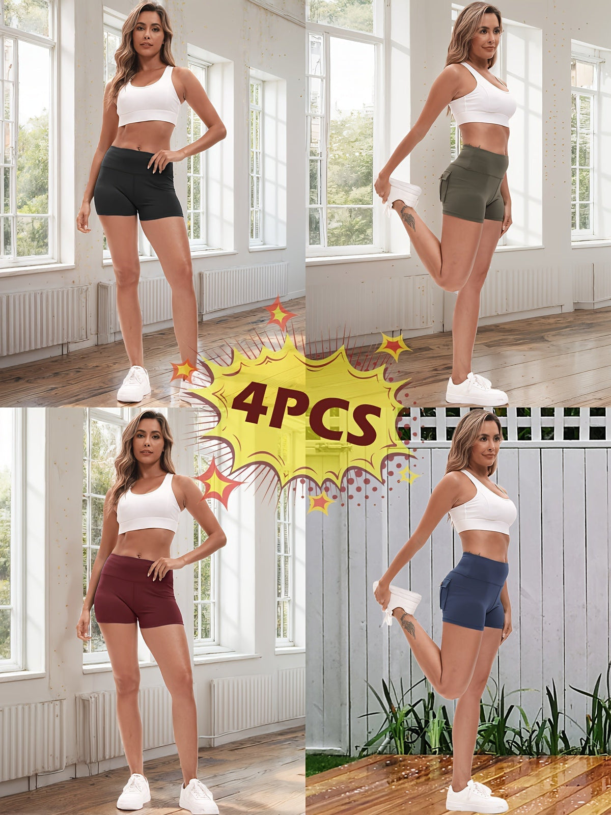 4-Piece Women's High-Stretch Yoga Shorts Set – Hip-Lifting Quick-Dry Fitness Shorts with Elastic Waist & 2 Pockets, Solid Color Athletic Shorts for Gym, Running, and Pilates, S-XXL