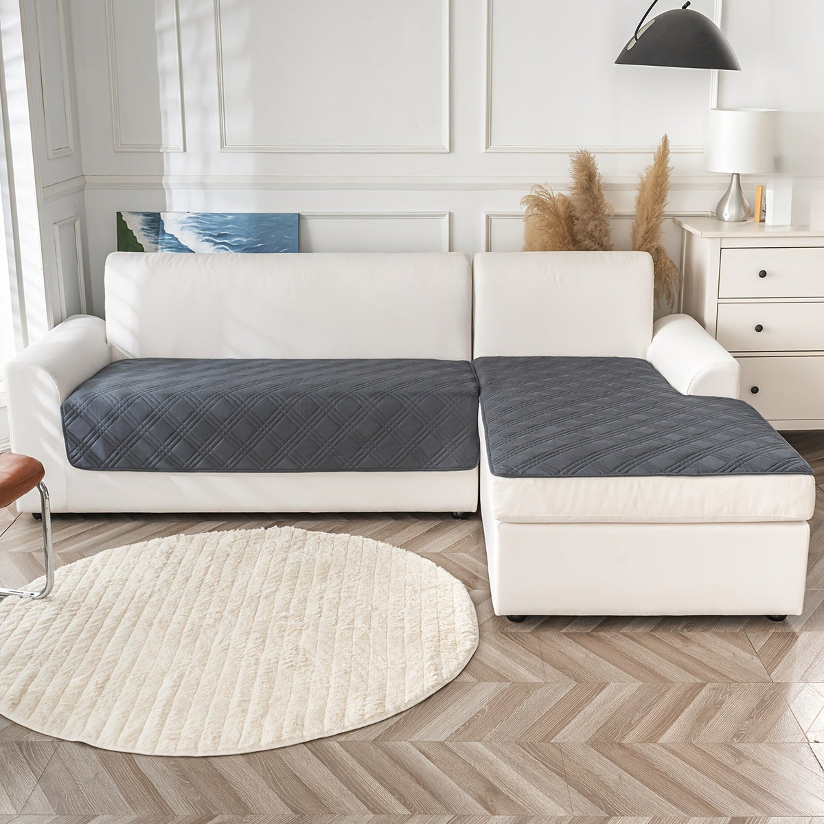 2-Piece L-Shaped Sofa Cover Set - Three-Line Geometric Pattern - Durable, Pet-Friendly & Machine Washable - 35×63″ + 35×82″ - Deep Gray, Coffee, Black, Burgundy, Navy, Camel, Light Grey & Beige