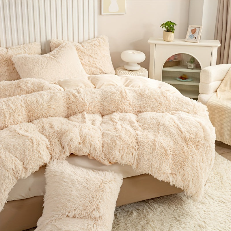 Plush Duvet Cover Set 3 Piece, Long Hair Knitted Polyester, Solid Color Fuzzy Comforter Cover with Zipper Closure, All-Season Soft Cozy Bedding Set for Bedroom, Multiple Colors Available