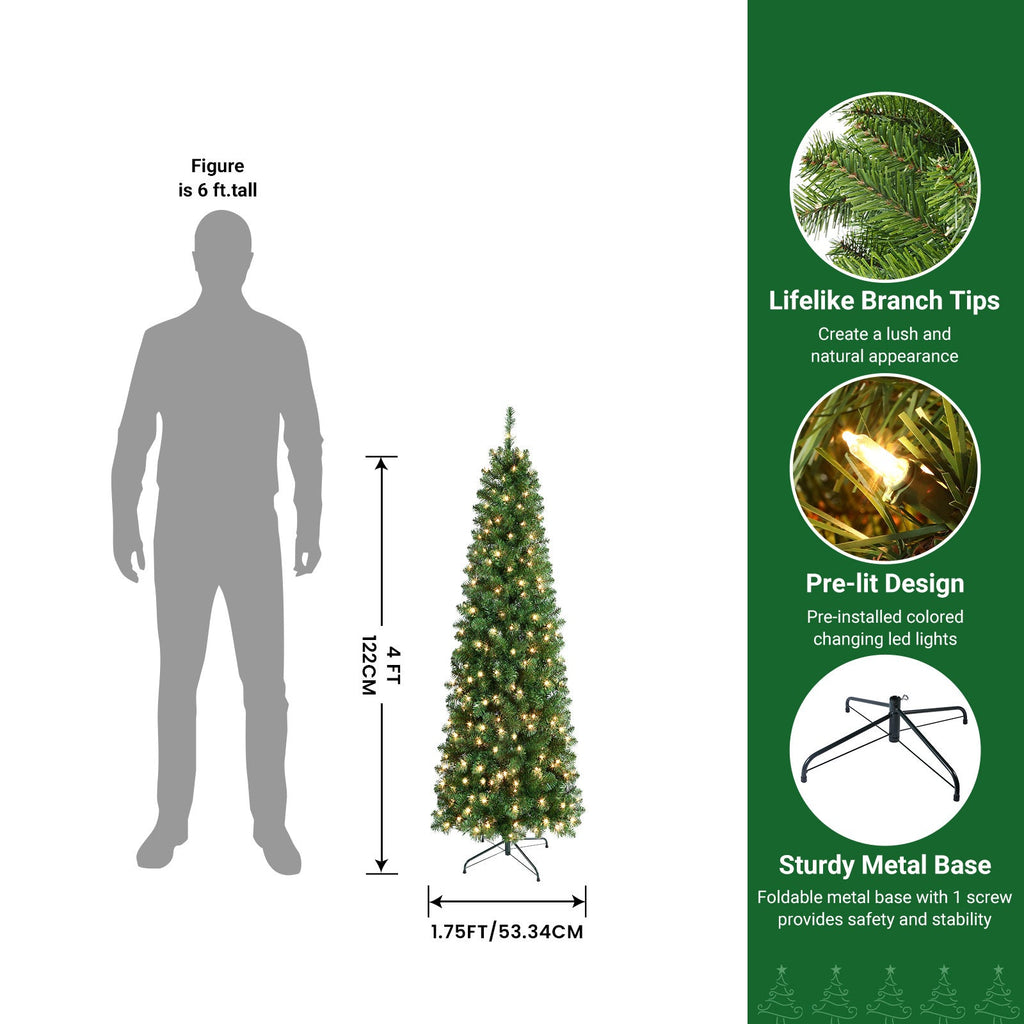 Pre-Lit Slim Pencil Christmas Tree – Artificial Hinged Xmas Tree with Warm White Lights Full Branch Tips Stable Metal Stand Easy Assembly in 4FT to 9FT + Bonus Tinsel Garland