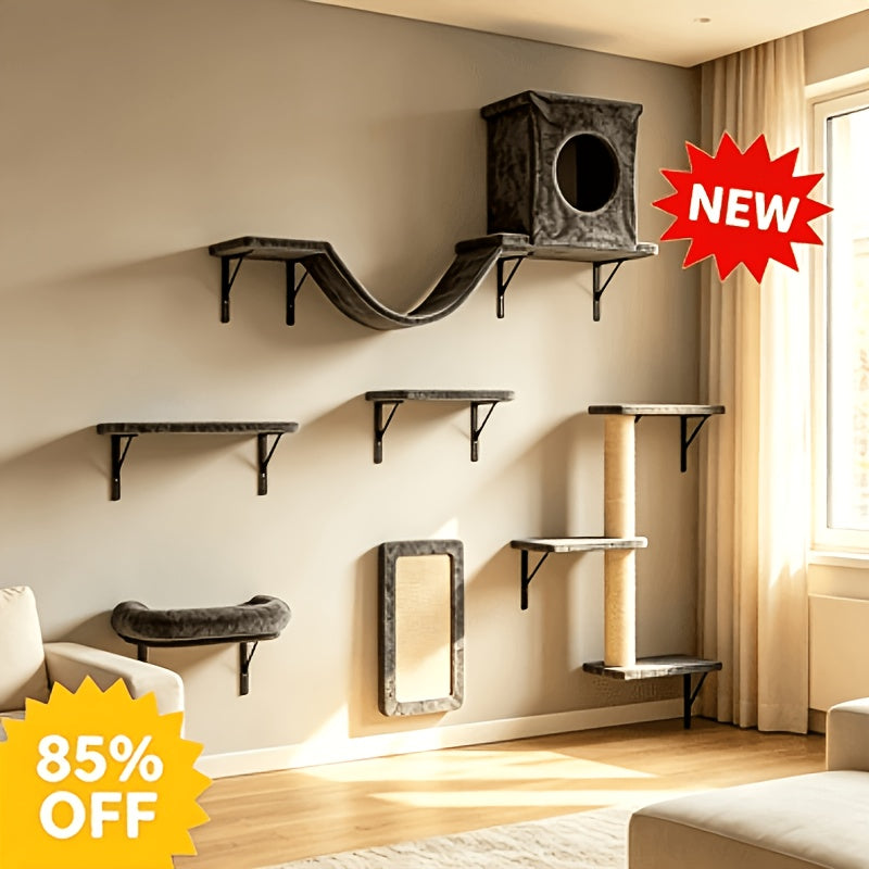 7-Piece Wall-Mounted Cat Climbing Shelf Set – Deluxe Indoor Cat Furniture with Cat Condo, Wall Shelves, Scratching Post, Bridge Ladder & Tunnel, Space-Saving Cat Wall Playground for All Cat Sizes