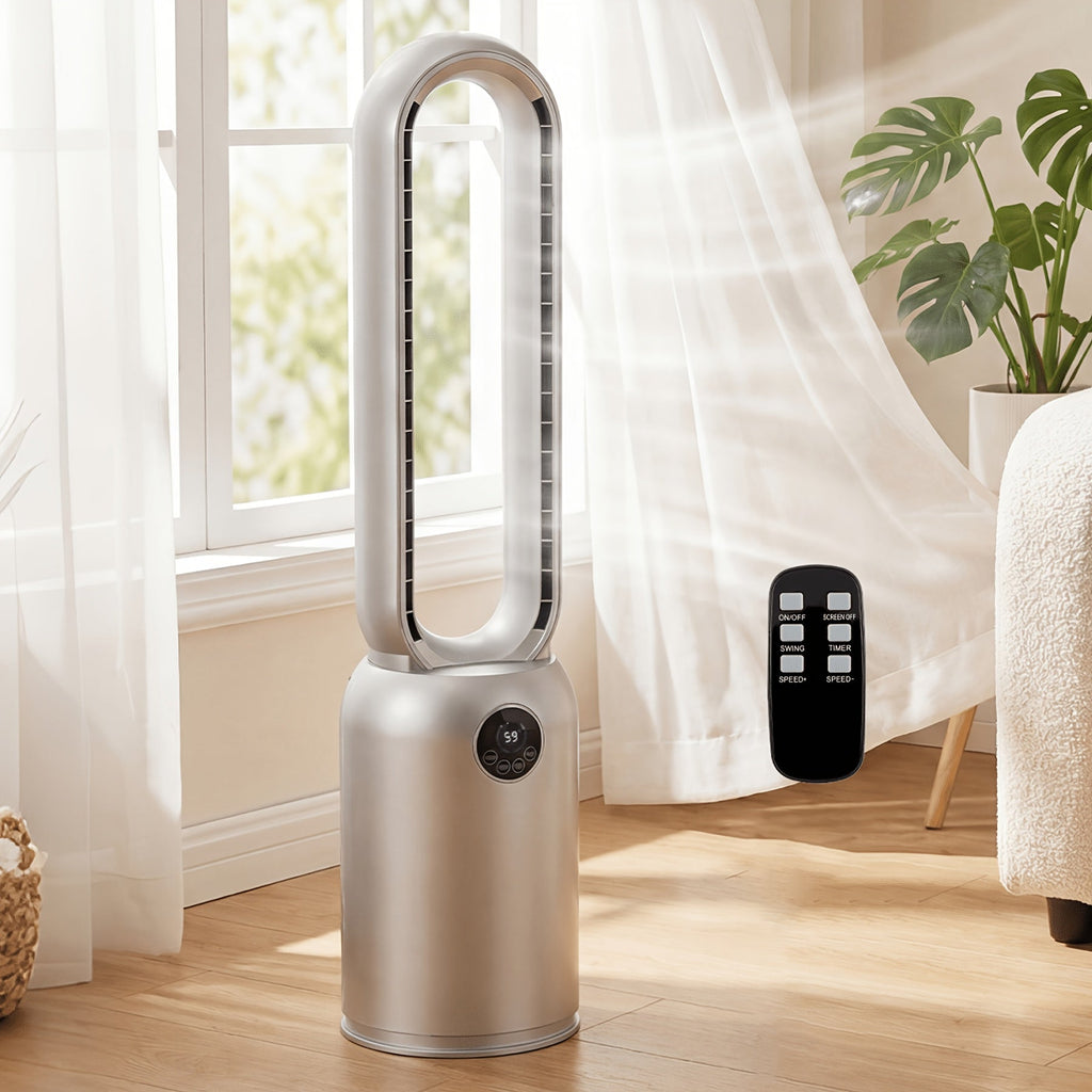 36-Inch Bladeless Tower Fan with Remote & Touch LED Display – 90° Oscillating, 24 Speeds, 12H Timer, 26ft/s Airflow, Quiet Floor Fan for Bedroom, Living Room & Office, Light Grey White Gold Silver – Nova Mart