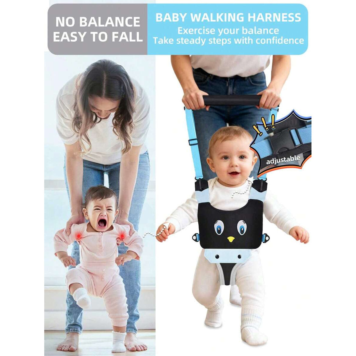 Handheld Infant Walking Support Belt, Toddler Walker Aid with Penguin Print for Ages 6-36 Months, One-Size Walking Assistance Belt for Baby Boys & Girls, Pink Blue & Grey