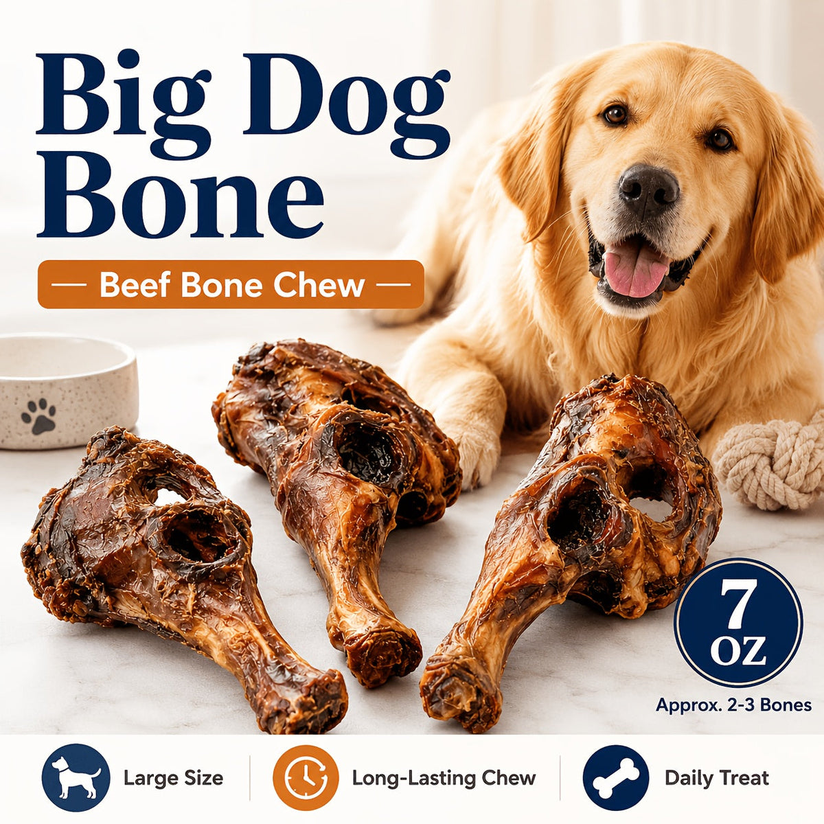 Long-Lasting Beef Bone Dog Chews, Large Beef-Flavored Chew Bones for Medium and Large Dogs, Natural Daily Reward Treats for Indoor and Outdoor Snacking, Pet Dental Chews
