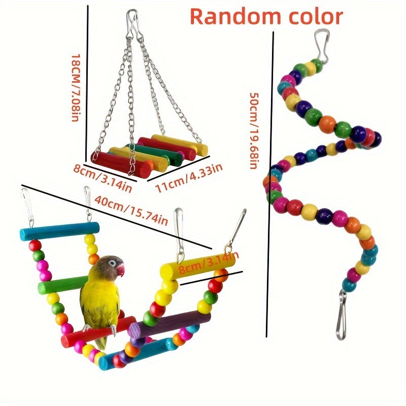 Bird Toy Set: Swing, Climbing Ladder, and Colorful Bells for Small to Medium Parrots, Cockatiels, Budgies, and Parakeets – Educational Chew Toys for Boredom Relief, Random Colors, 3/5/7/10 Pieces