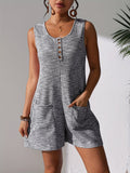 Women's Waffle Knit Sleeveless Romper Jumpsuit with Pockets & Buttons, Summer Casual One-Piece Shorts, Loose Fit, S M L XL XXL, Grey Pink Purple Blue Yellow
