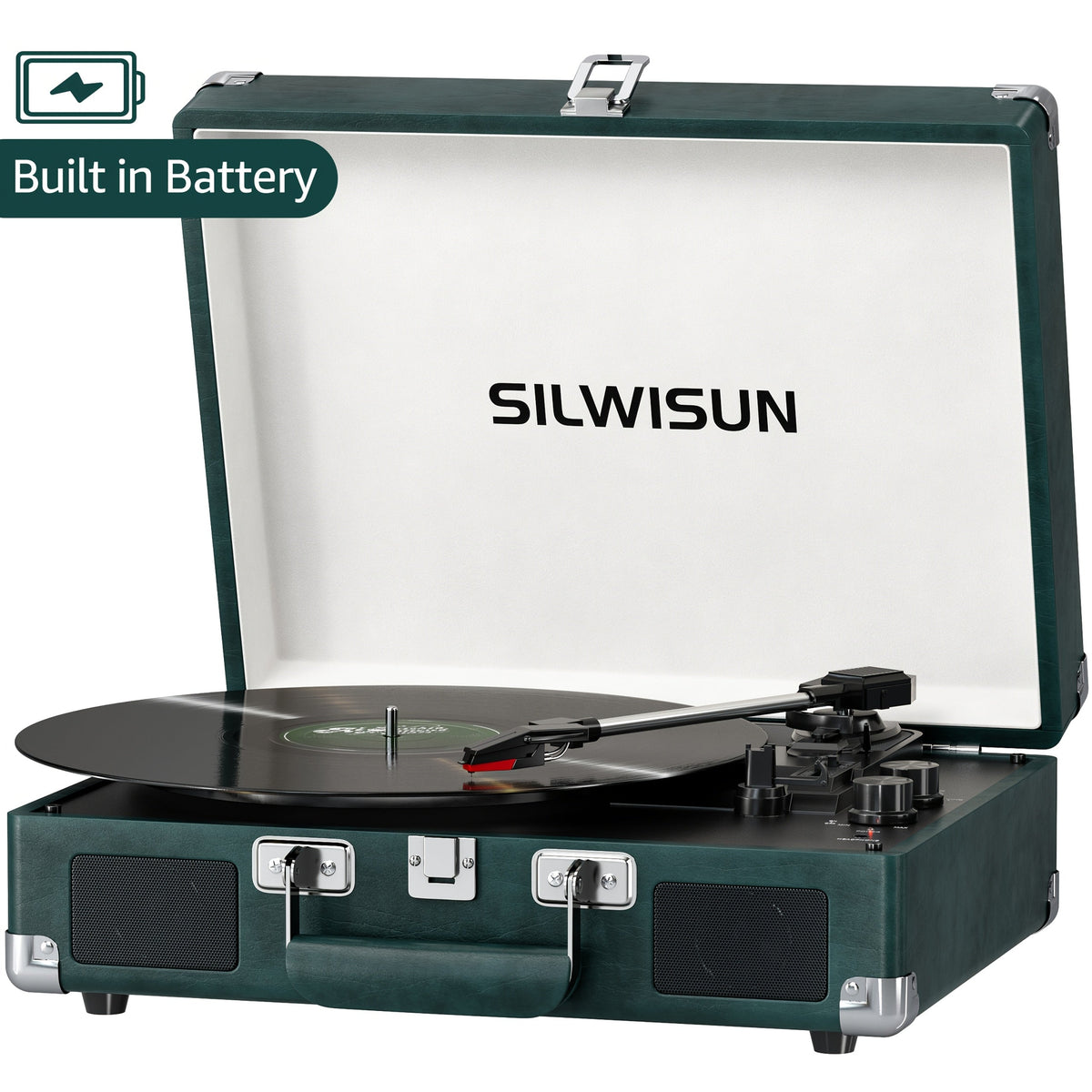 Portable Suitcase Vinyl Record Player – 3-Speed Turntable with Built-In Battery Wireless Speakers Headphone Jack AUX & RCA in Pink Green Brown