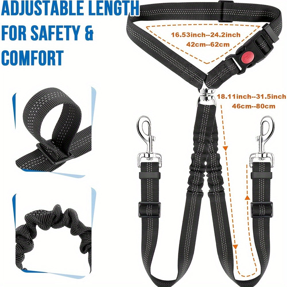 Dual Dog Car Seat Belt for 2 Dogs, No-Tangle Headrest Restraint, Adjustable Bungee Pet Safety Harness for Small, Medium, and Large Dogs for Car Travel