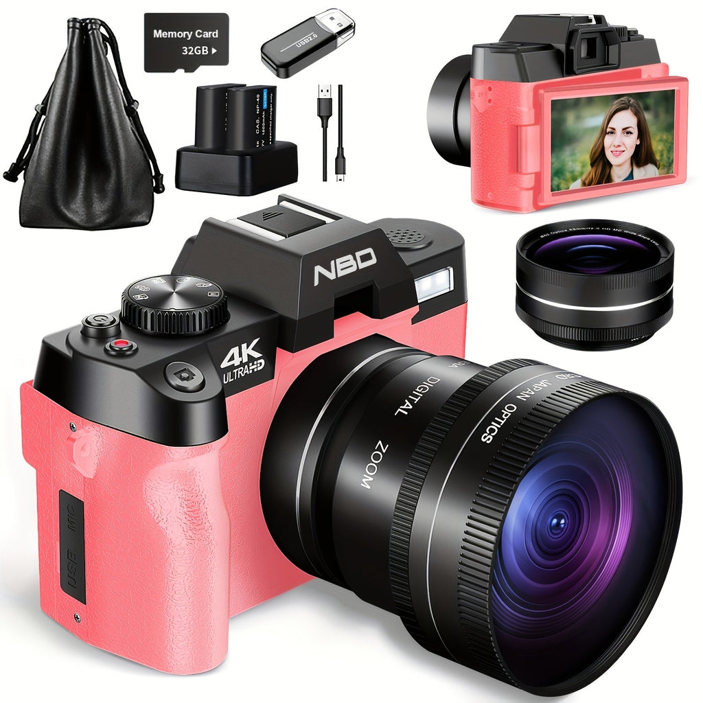 G-Anica 48MP Digital Camera 4K Vlogging Camera with WiFi & App Control Macro & Wide Lens Type-C Charging 32GB Card Included – Compact Beginner Camera – Pink