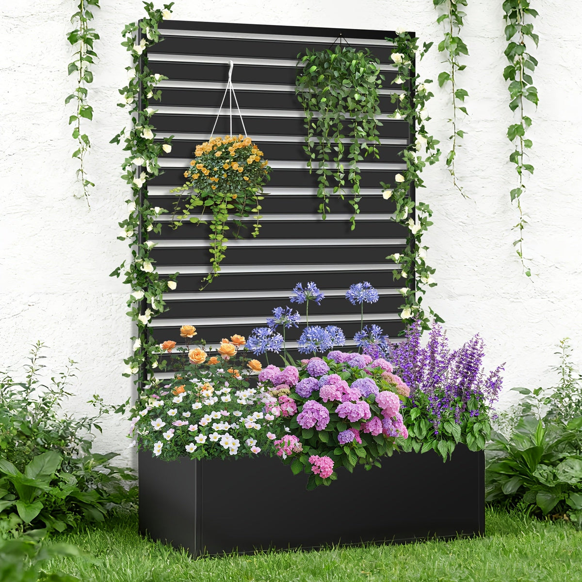 2-in-1 Metal Raised Garden Bed with Trellis & Privacy Screen 35" x 16" x 71" for Climbing Plants Vines & Flowers – Drainage Holes, Outdoor Standing Planter Box, Leaf & Black Finish