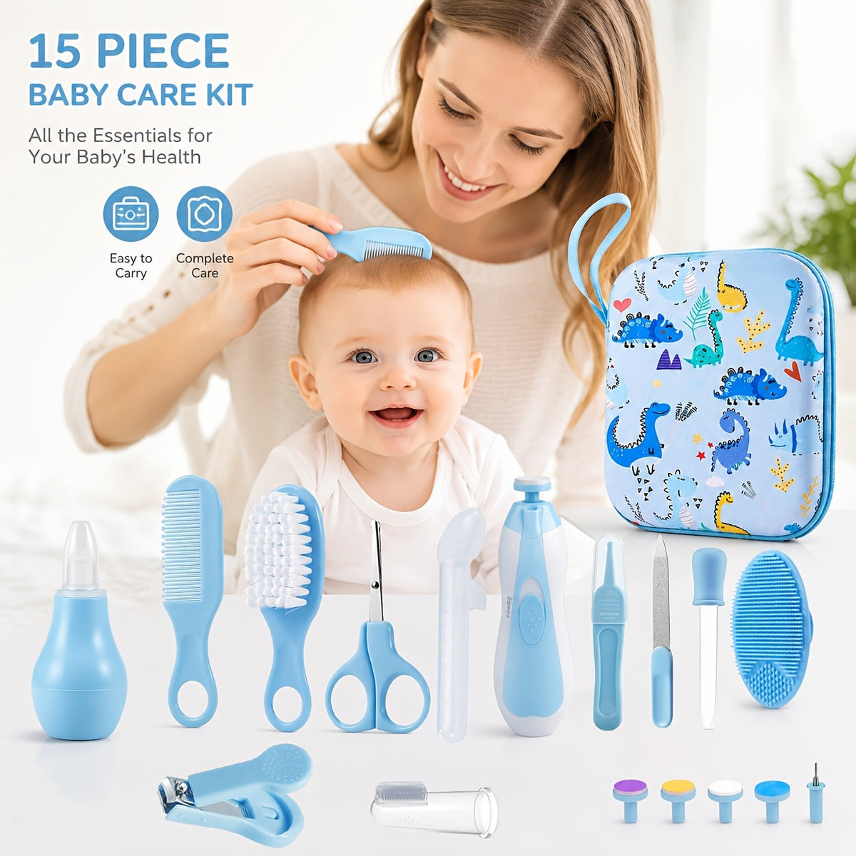 15-Piece Baby Grooming & Care Kit with Portable Case, Complete Newborn Essentials Set with Hair Brush Comb Nail Clipper & Nail File for Boys & Girls, Blue & Pink