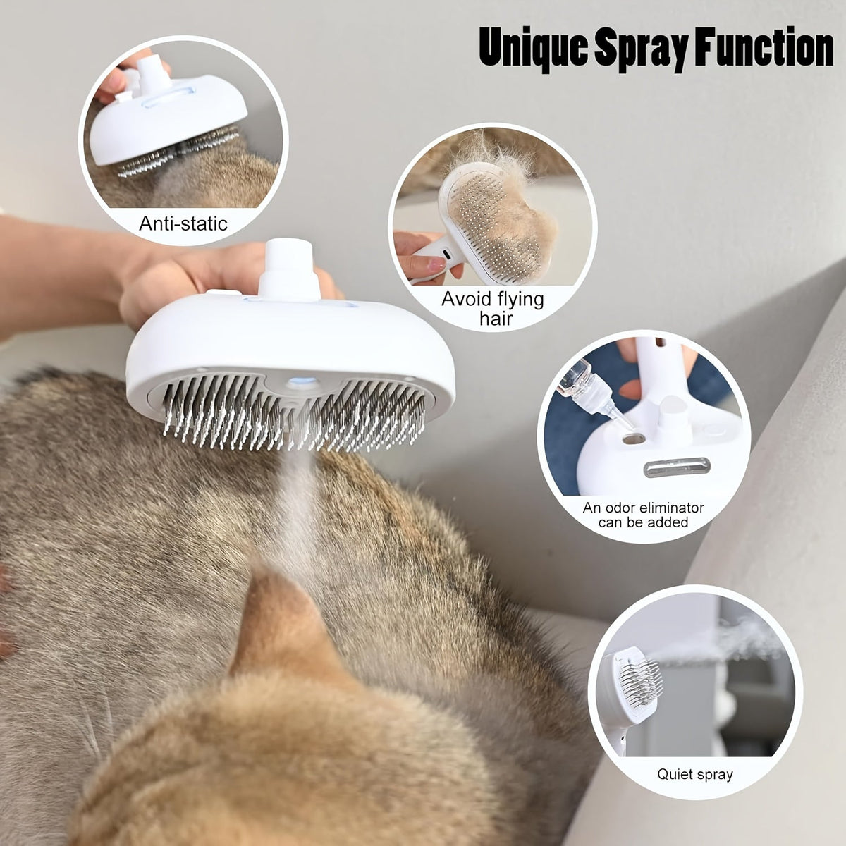 3-in-1 Cat Steam Brush Grooming Comb with Steam and Release Button, Pet Hair Removal and Deshedding Tool for Large, Medium, and Small Cats and Dogs, Indoor Use, White and Pink