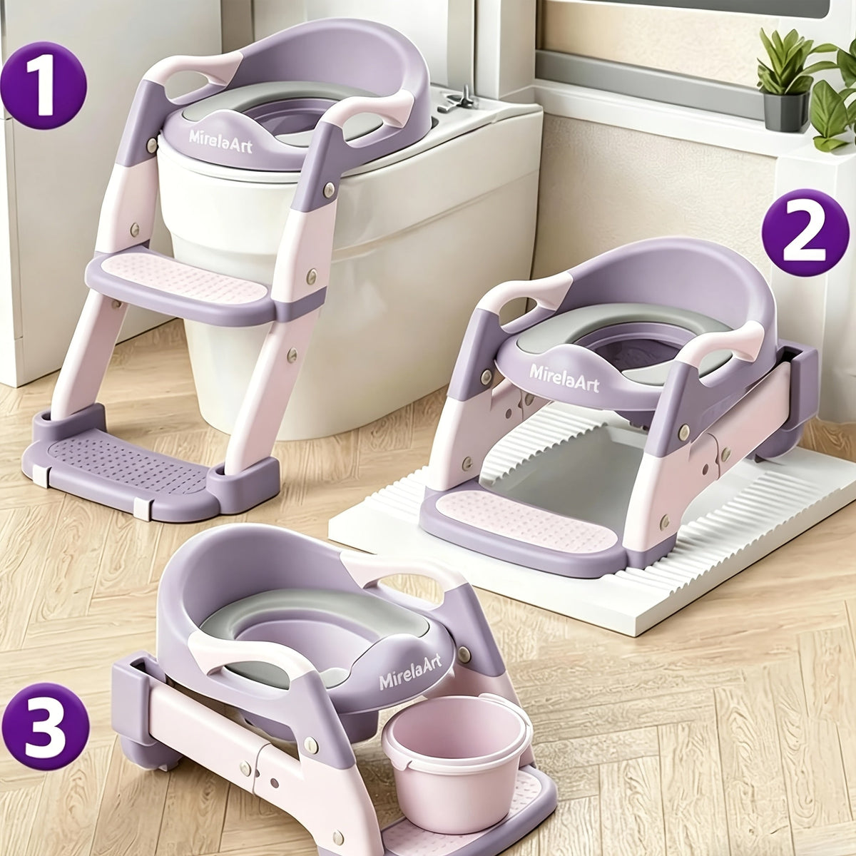 Potty Training Seat with Step Stool Ladder, Adjustable Anti-Slip Kids Potty Chair for Boys & Girls, Wide Steps, Splash Guard & Safety Handles, Green, Grey & Purple