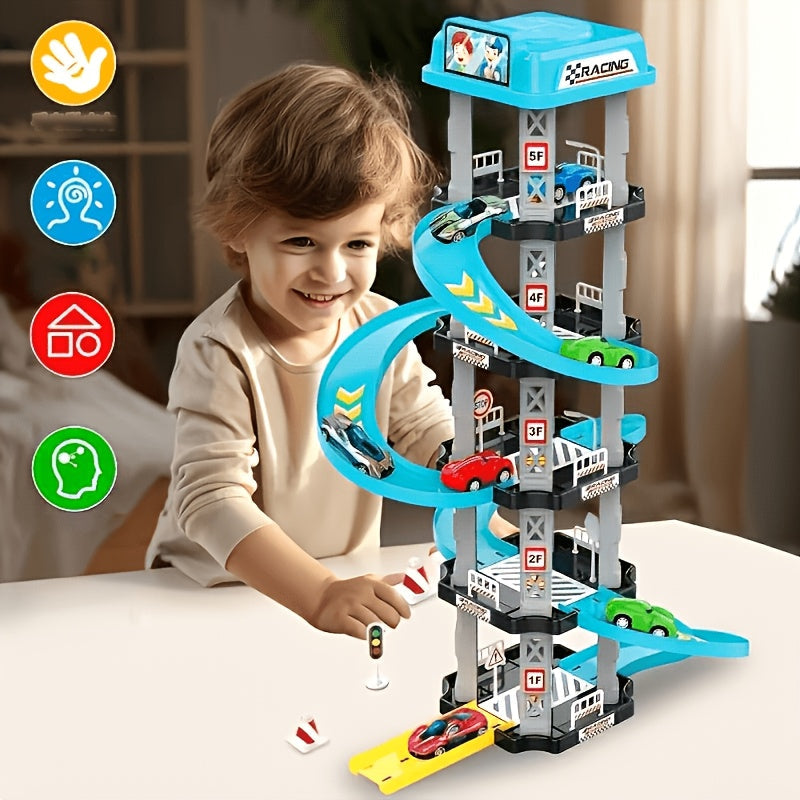 62pcs 5-Story Parking Garage 3D Multi-Layer Racing Track Set with 2 Cars, Ejection Launchers, Drift Tracks, Helipad, Gas Station, Assembly STEM Toy for Kids Boys Birthday New Year Gift