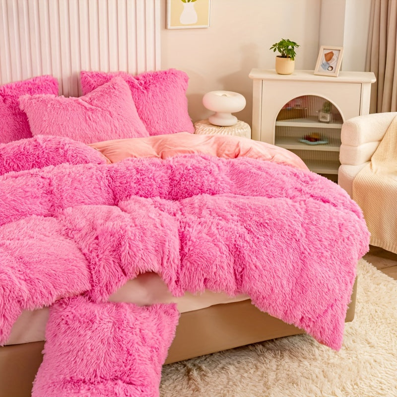 Plush Duvet Cover Set 3 Piece, Long Hair Knitted Polyester, Solid Color Fuzzy Comforter Cover with Zipper Closure, All-Season Soft Cozy Bedding Set for Bedroom, Multiple Colors Available
