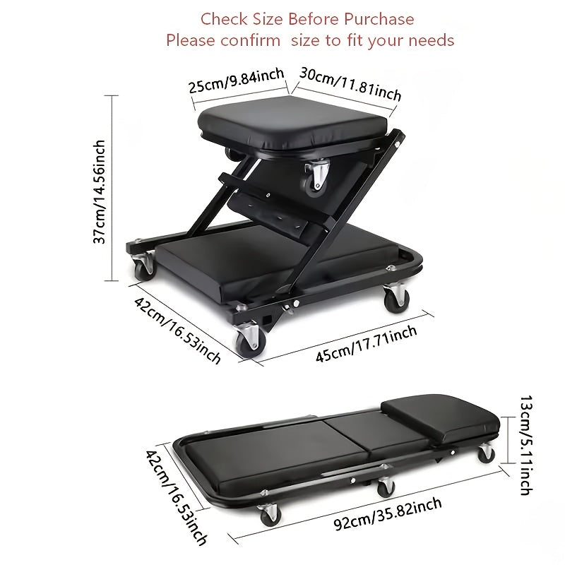 Mechanic Creeper Stool Z-Shape | Foldable 3-in-1 Creeper, Non-Foldable & Sliding Stool | 300LB Capacity, 6 Swivel Casters, Thick Padded Cushion – Garage Rolling Seat, Gift for Men – Red & Grey