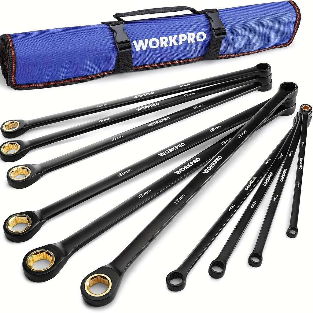 WORKPRO 10pc Extra Long Ratcheting Wrench Set – Anti-Slip Double Box Wrenches Metric 8-19mm, 72-Tooth Cr-V Steel, Black Electrophoretic Coating, Rolling Pouch Included, Professional Hand Tool Kit