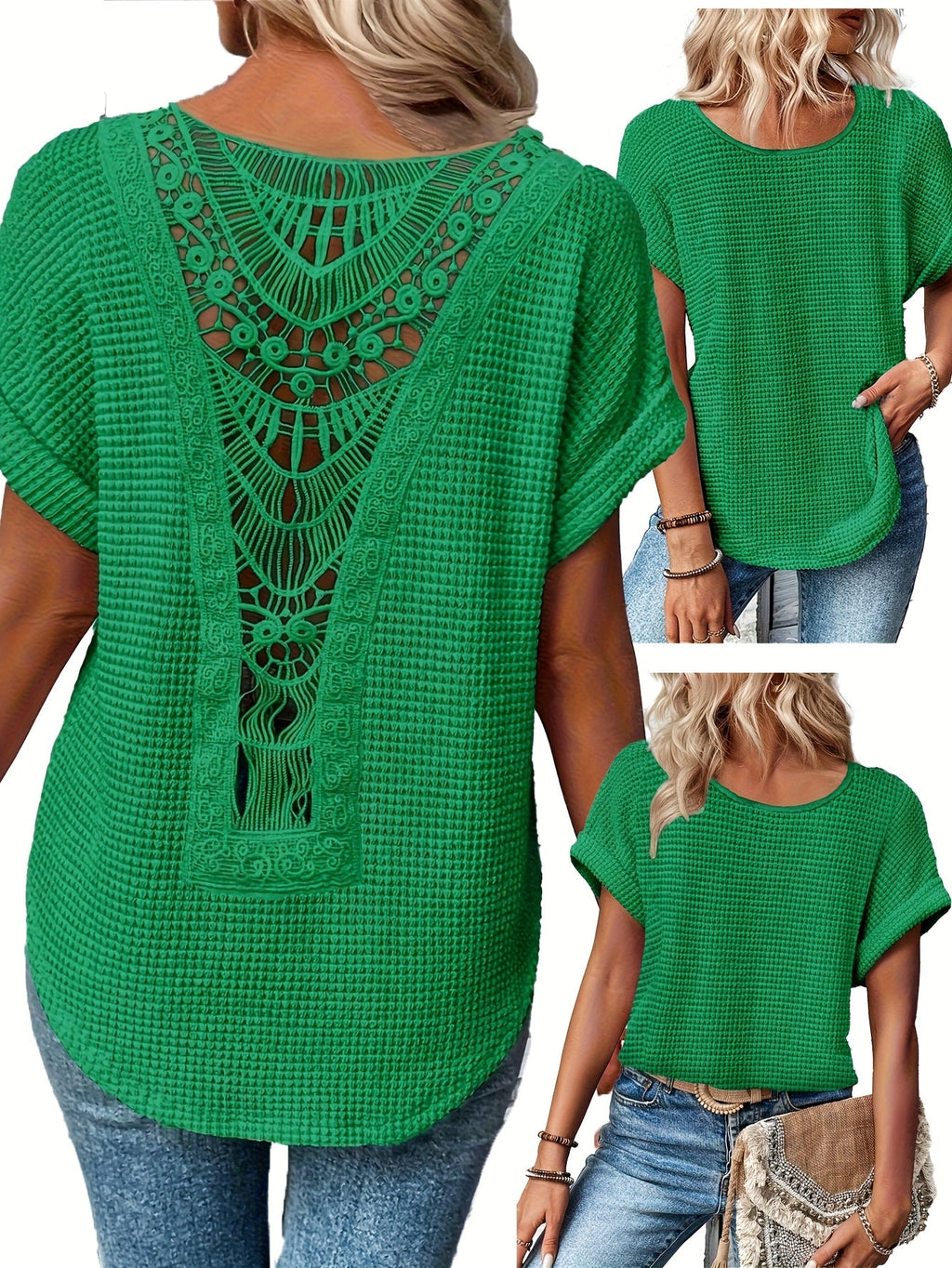 Lace Patchwork Round Neck Short Sleeve T-Shirt Women's Summer Casual Flowy Top Peacock Blue Khaki Black White S M L XL XXL