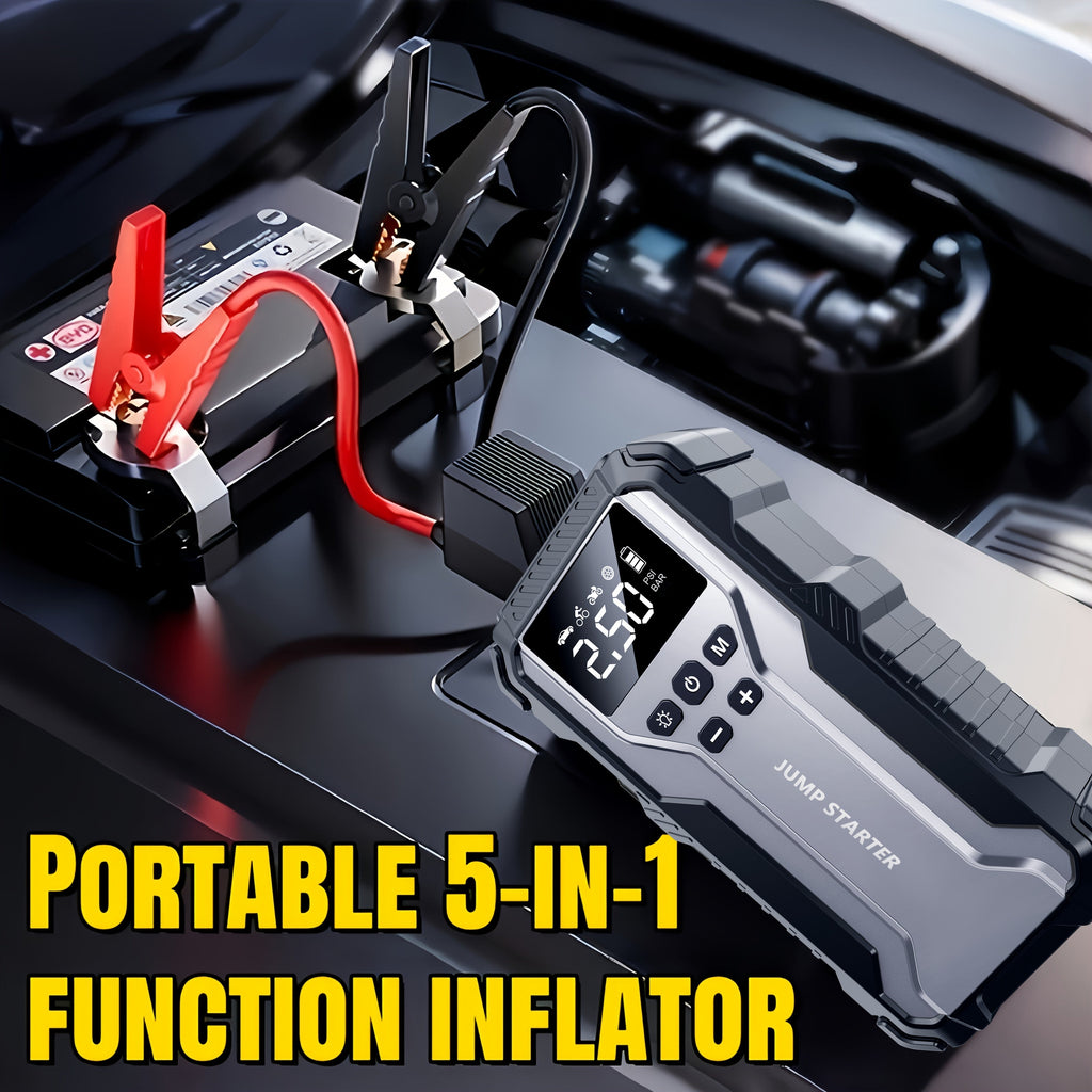 Portable Car Jump Starter Kit Multi-Function 12V Battery Booster with LED Flashlight, SOS Rescue Light, and Air Pump for Cars, Trucks, and Emergency Power Accessories
