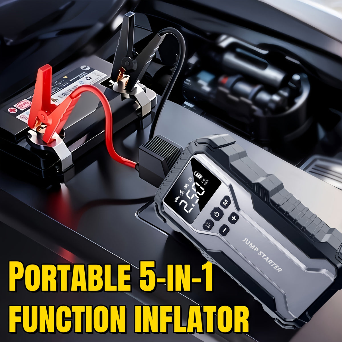 Portable Car Jump Starter Kit Multi-Function 12V Battery Booster with LED Flashlight, SOS Rescue Light, and Air Pump for Cars, Trucks, and Emergency Power Accessories