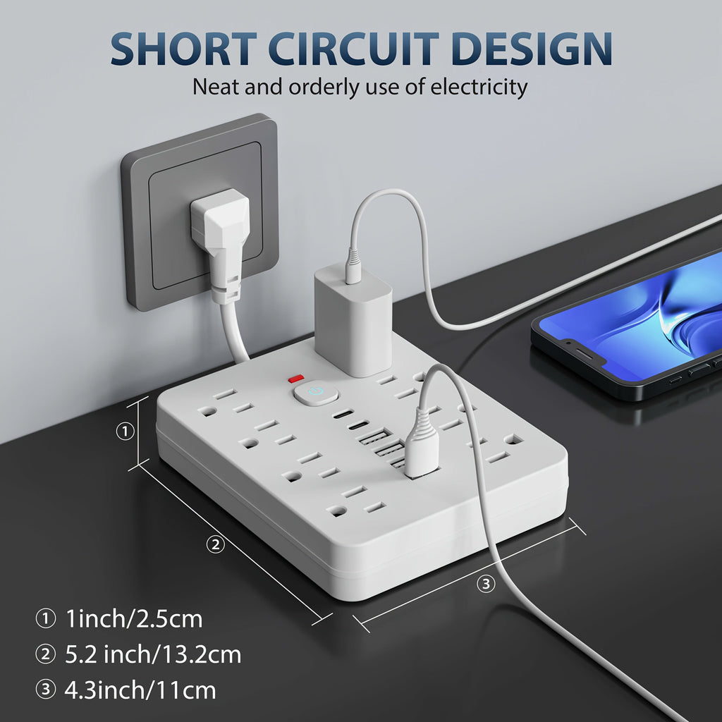 14-in-1 Power Strip Surge Protector - 8 AC Outlets, 4 USB-A & 2 USB-C Ports, Flat Plug, Space-Saving Extension Cord for Home, Office & Kitchen - White & Black