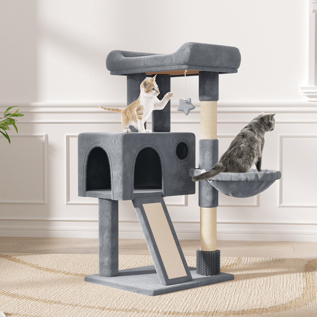 36-Inch Multi-Level Cat Tree Tower with Condo, Hammock, Sisal Scratching Posts, and Hanging Toys - Indoor Cat Climbing Playhouse for Cats and Kittens - Plush Cat Villa, Light Grey/Smoky Grey