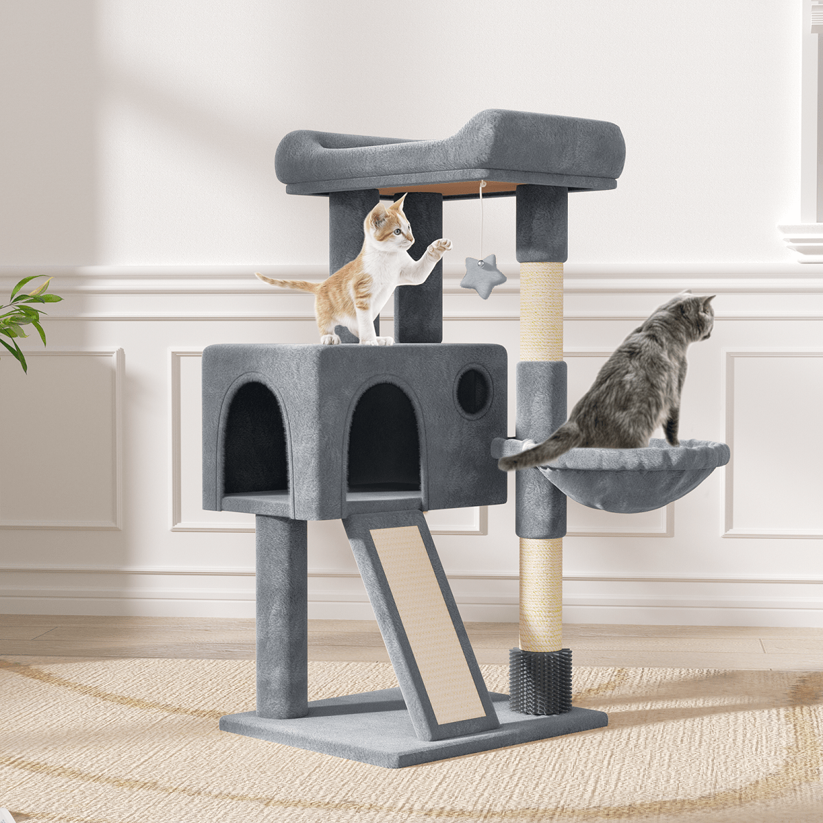 36-Inch Multi-Level Cat Tree Tower with Condo, Hammock, Sisal Scratching Posts, and Hanging Toys - Indoor Cat Climbing Playhouse for Cats and Kittens - Plush Cat Villa, Light Grey/Smoky Grey