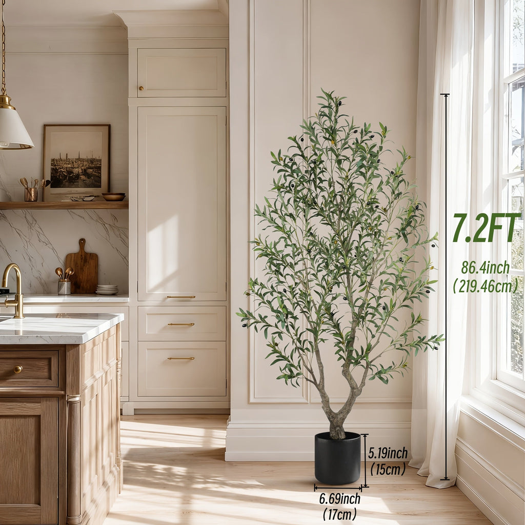 Artificial Olive Tree 5-8FT Tall Potted Faux Olive Floor Plant with Lifelike Leaves & Black Fruits, Decorative Fake Indoor Tree with White or Black Round Planter for Living Room Office Home Decor