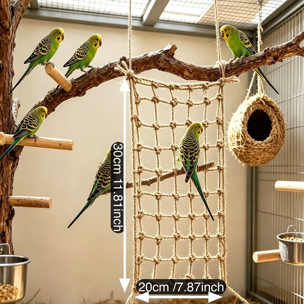 Bird Climbing Net 2-Pack - Hemp Rope Mesh Ladder for Bird Cages, Bite-Resistant Perch Climbing Toy for Parakeets, Parrots & Small Birds, 7.87 x 11.81 Inches Each
