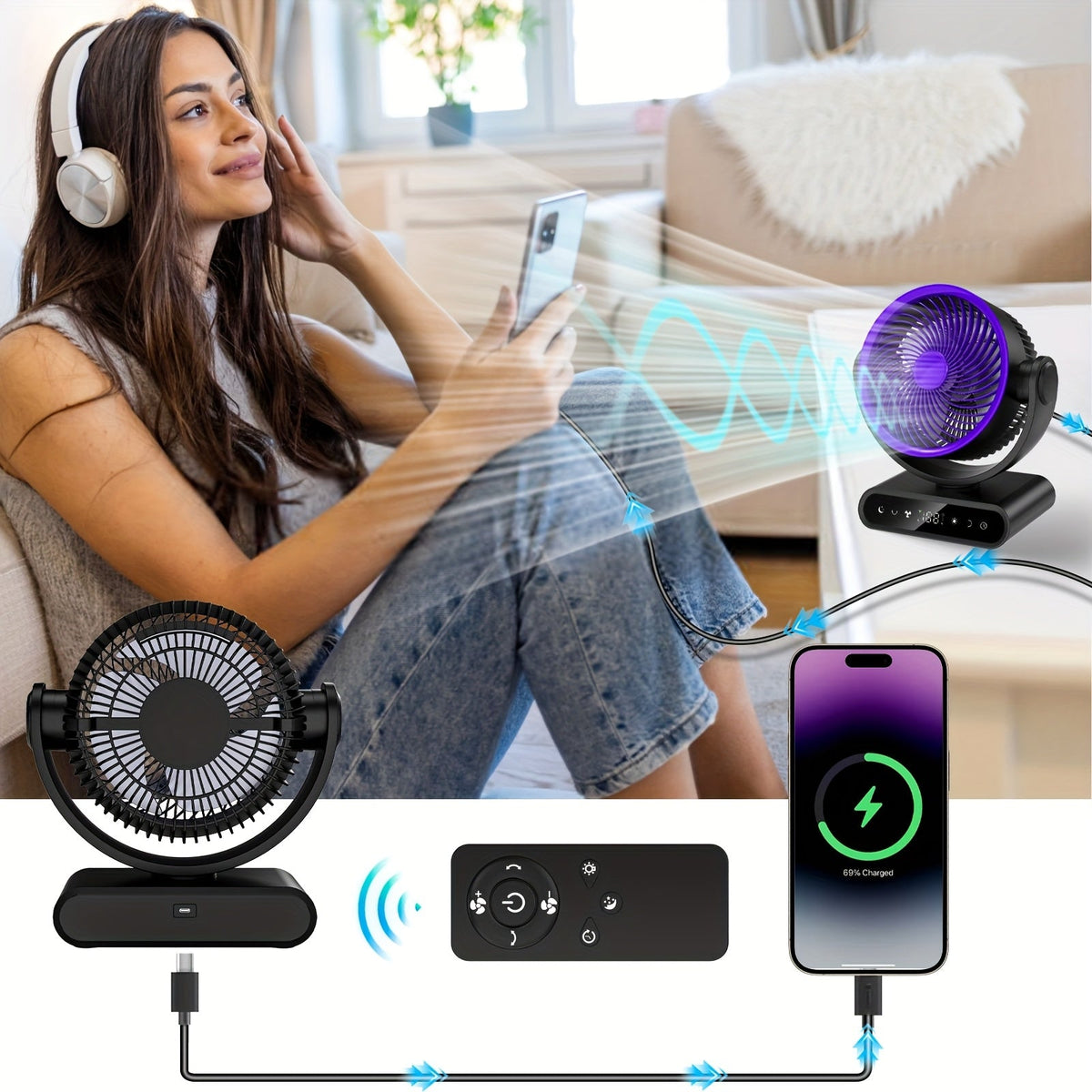 Portable Battery Fan 20000mAh / 40000mAh – 9-Inch 5-Speed Oscillating Fan with Remote 12 LED Warm Lights 14H-50H Runtime for Outdoor Camping Home Office