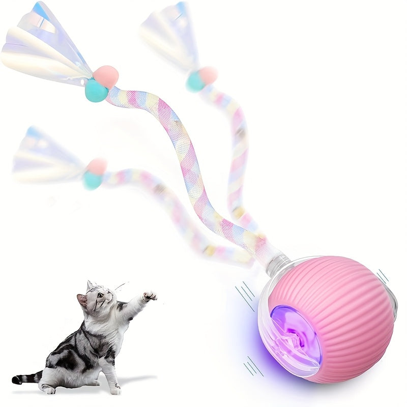 Electric Self-Rolling Cat Ball Toy, Automatic Interactive Cat Toy with Elastic Net Tail, Fast-Rolling Smart Motion Ball for Indoor Cats and Kittens on Carpet and Floors